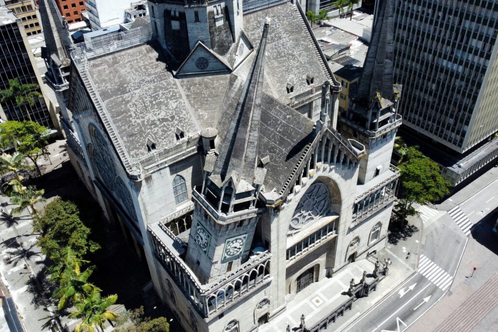 A drone view shows damage to the Metropolitan Cathedral Basilica after an earthquake, in Manizales, Colombia, Aug. 10, 2026.