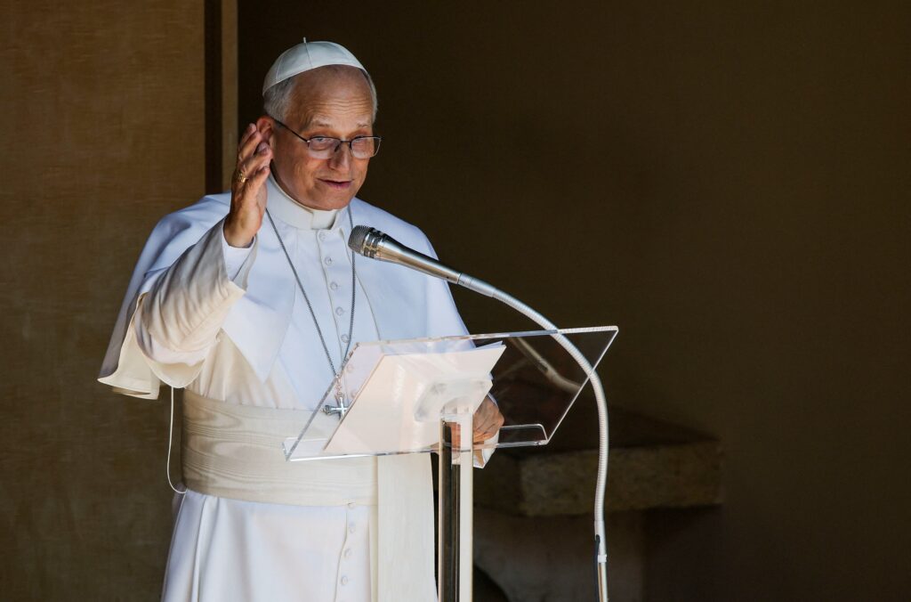 Pope Leo XIV leads the Angelus prayer in Piazza della Liberta in Castel Gandolfo, near Rome, Italy, Aug. 15, 2026, after celebrating the Mass for the Solemnity of the Assumption of the Blessed Virgin Mary.