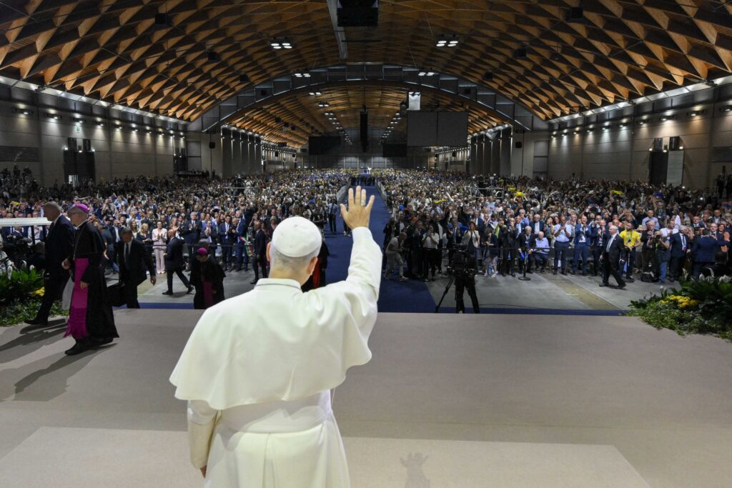 Pope Leo XIV greets people attending the Meeting for Friendship Among Peoples, hosted by the Catholic lay movement, Communion and Liberation, in Rimini, Italy, Aug. 22, 2026.