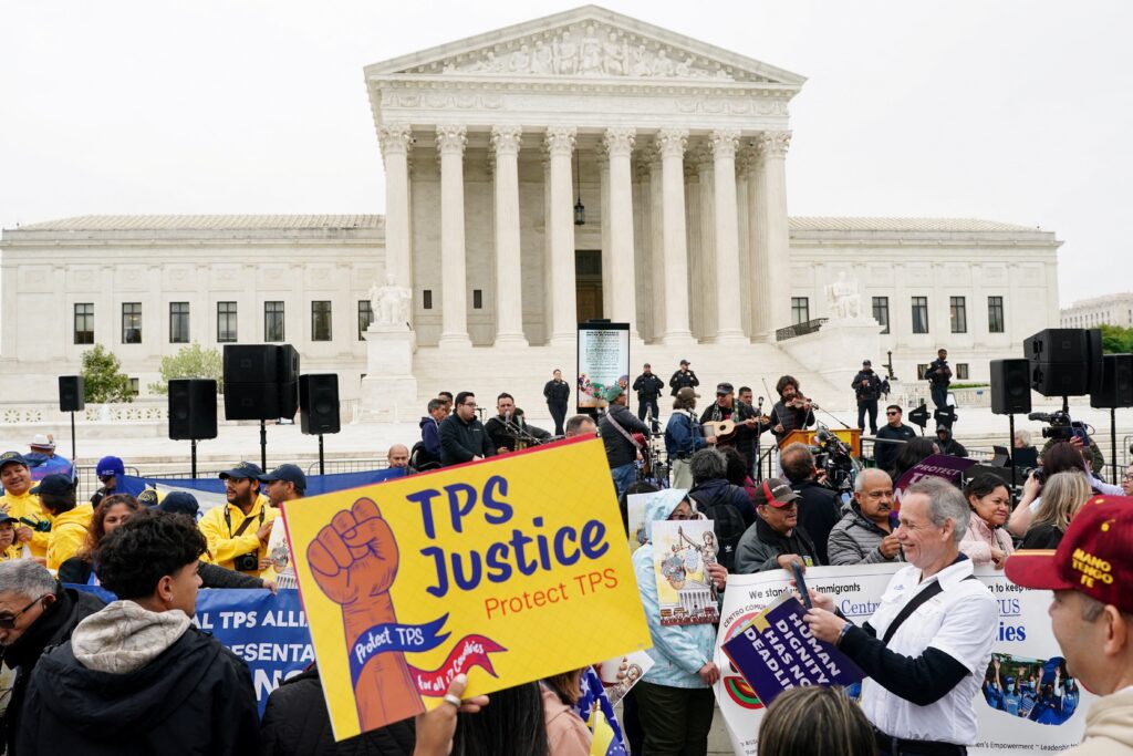 Immigrants' rights activists and demonstrators attend a rally outside the U.S. Supreme Court in Washington on April 29, 2026.