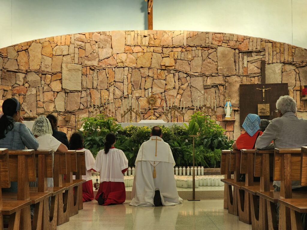 Father John Higgins leads prayer during 40 Hours of Devotion, September 2025, to commemorate the Feast of the Exaltation of the Holy Cross at Holy Cross Church in the Bronx.