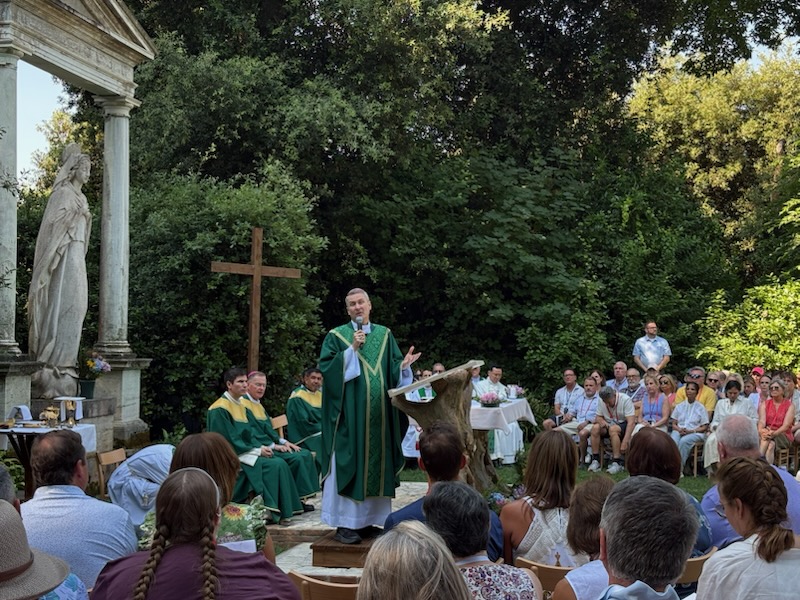 Archbishop Ronald A. Hicks (center) celebrates Mass at the papal summer residence in Castel Gandolfo on Sunday, June 28, 2026.