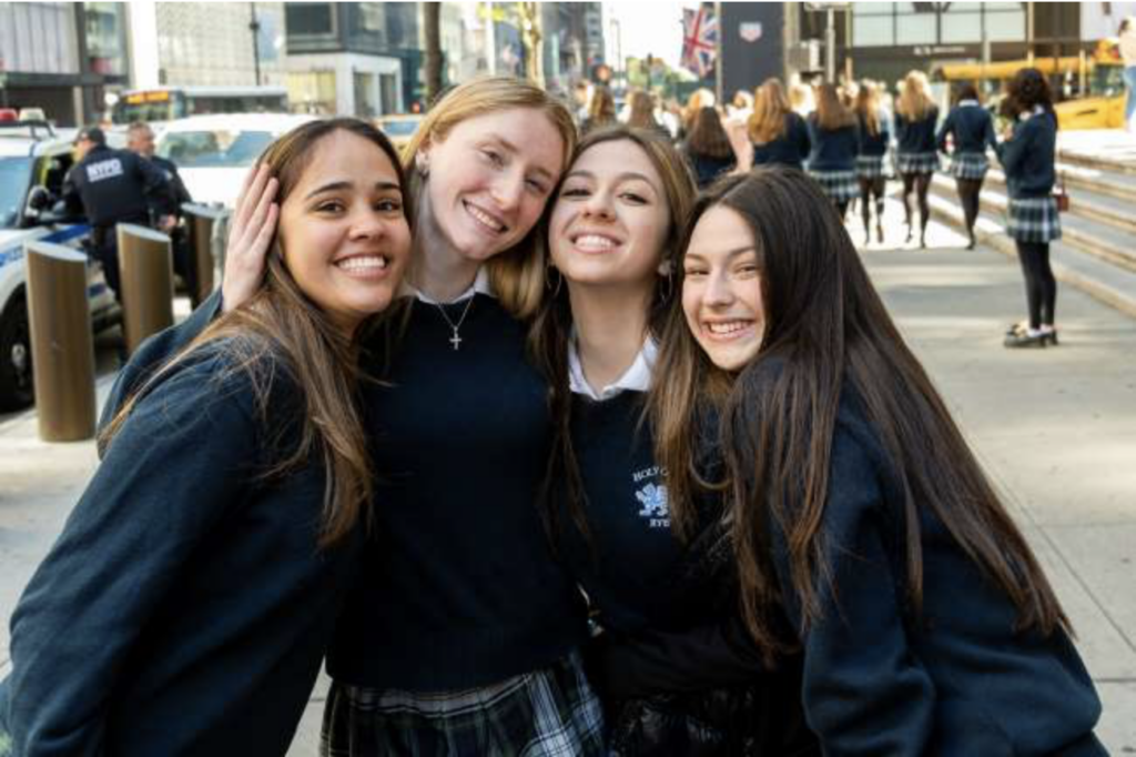Catholic school students pose for an undated photo in front of St. Patrick's Cathedral in Manhattan.