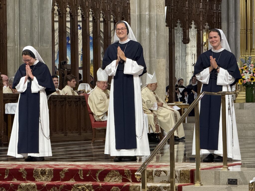 On August 6, the Feast of the Transfiguration, three Sisters of Life professed their final vows at St. Patrick’s Cathedral. From left, Sister Eden Marie, Sister Elena Marie, and Sister Maria Annunciata pledged themselves to the Archdiocese of New York-based order, which was founded by Cardinal John O’Connor.