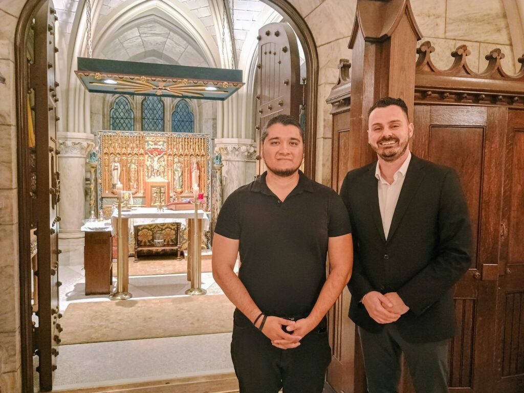 Edwin Lucero, left, and Pjetër Nilaj inside the sacristy of St. Patrick's Cathedral, Wednesday, August 19, 2026.