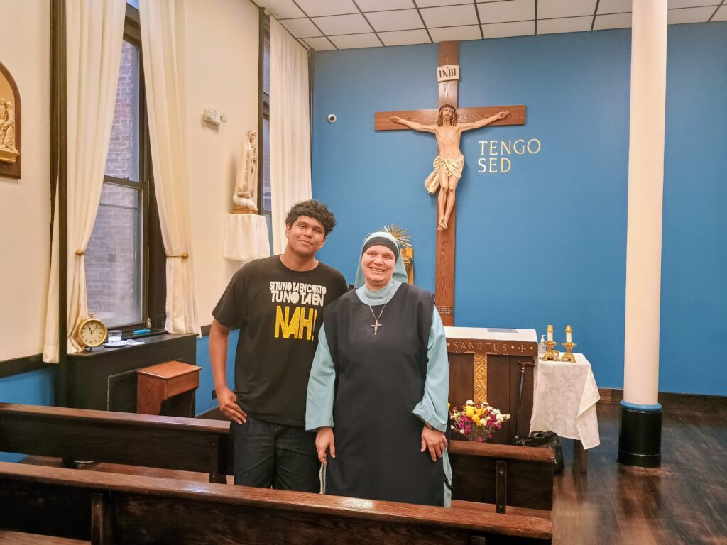 John Mujica, 18, and Madre Jesusnicolle Caraballo, SCR, inside the St. Teresa of Calcutta Chapel at St. Anthony of Padua Parish in the Bronx, Monday, August 17, 2026.