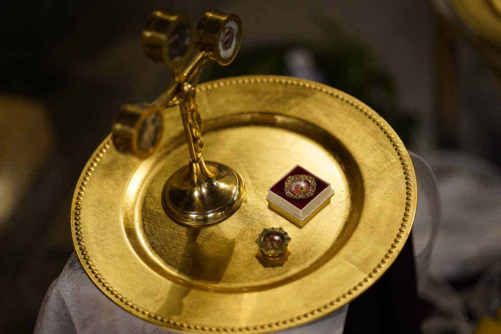 A relic of St. Mary Magdalene (in box) is displayed with other relics at Immaculate Conception Seminary in Huntington, N.Y., July 22, 2024, the feast of St. Mary Magdalene. Veneration of the relic was part of an "Evening with Mary Magdalene" that also included Eucharistic adoration, Mass and confession. The event was presented by the Missionaries of the Most Holy Eucharist, a community based in St. Maximin-la-Sainte-Baume, France, where Mary Magdalene spent the last years of her life. The Missionaries' charism is to promote perpetual Eucharistic adoration in parishes and dioceses.