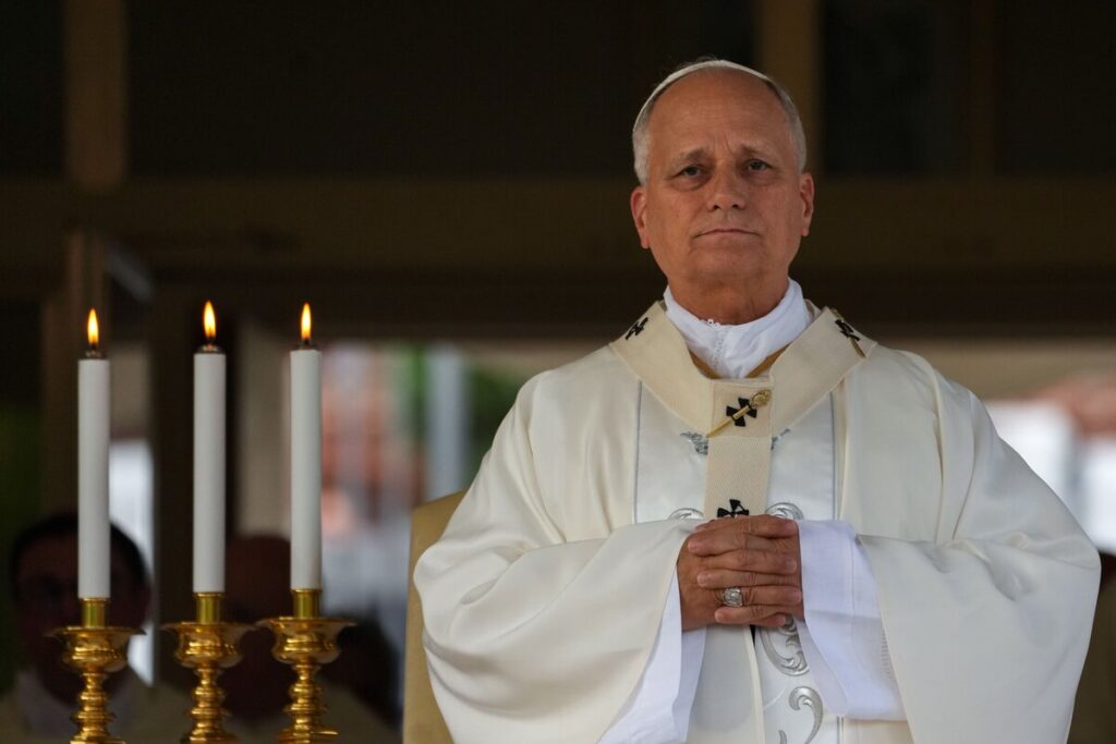 Pope Leo XIV celebrates Mass at the Church of Maria Santissima del Lago in Castel Gandolfo, Italy, Aug. 29, 2026, the feast of Our Lady of the Lake. (CNS photo/Lola Gomez)