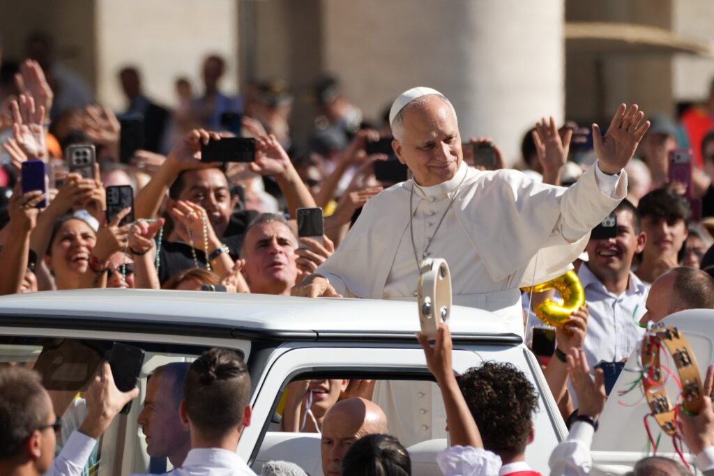 Pope Leo XIV greets visitors and pilgrims from the popemobile while riding around St. Peter’s Square at the Vatican before his weekly general audience Sept. 2, 2026. Photo: CNS/Lola Gomez