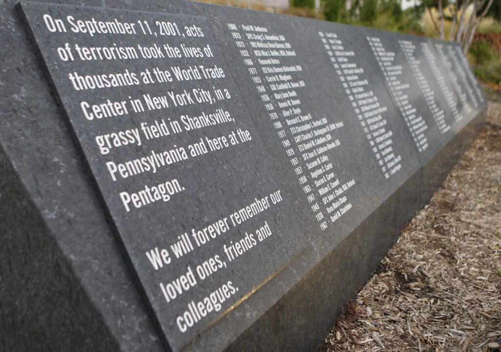 Names of victims of the Sept. 11, 2001, terrorist attacks are seen Aug. 18, 2011, on a display that is part of a memorial at the Pentagon in Arlington, Va., near Washington. Sept. 11, 2026, marks the 25th anniversary of the attacks that claimed the lives of nearly 3,000 people at the Pentagon and in New York City and Shanksville, Pa.