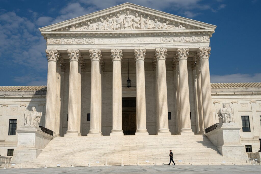 A U.S. Capitol Police officer walks outside the Supreme Court in Washington, Sept. 1, 2026.