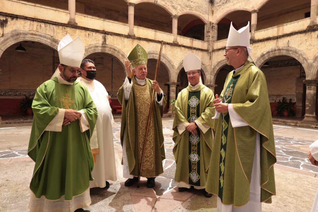 Bishop Daniel E. Flores, vice president of the U.S. Conference of Catholic Bishops (USCCB); Bishop Ramón Castro, president of the Mexican Episcopal Conference (CEM); Bishop Óscar Cantú, chairman of the USCCB Subcommittee on Hispanic/Latino Affairs; and Bishop Pierre Goudreault, president of the Canadian Conference of Catholic Bishops (CCCB), converse on August 30, 2026, at the Cathedral of Cuernavaca in the state of Morelos, Mexico, where the Fraternal Meeting of the Episcopal Conferences of North America began.