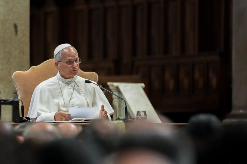 Pope Leo XIV speaks to hundreds of diocesan leaders during an assembly at the Basilica of St. John Lateran, the cathedral of the Diocese of Rome, Sept. 18, 2026. The meeting opened the new pastoral year for the Diocese of Rome.