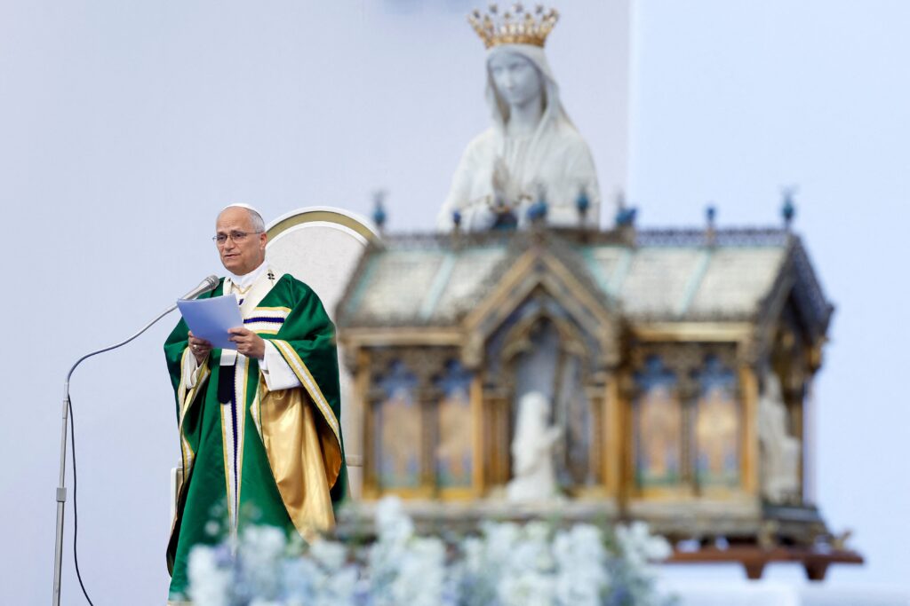 Pope Leo XIV celebrates Sunday Mass on the prairie at the Sanctuary of Our Lady of Lourdes, as part of his four-day apostolic journey to France, in Lourdes, France, on Sept. 27, 2026.