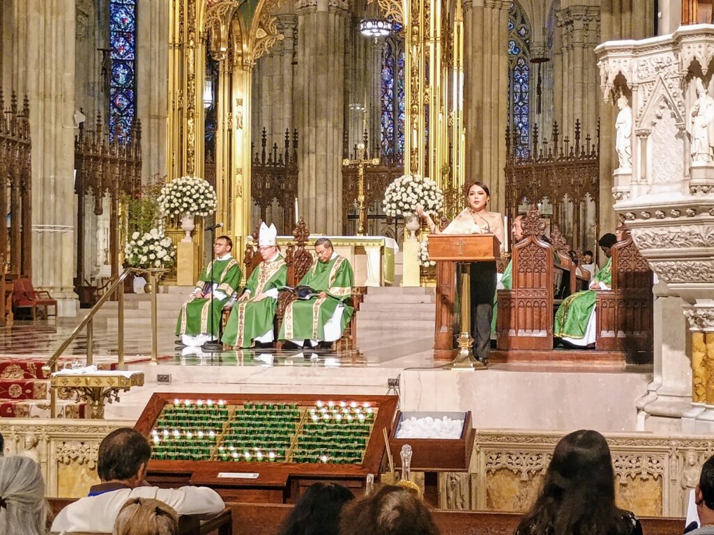 Bishop Gerardo Colacicco, concelebrants and the faithful listen to the cantor, Bianca Mangonon, sing the Responsorial Psalm during the Mass in Honor of San Lorenzo Ruiz at St. Patrick’s Cathedral, Sunday, Sept. 13, 2026. Photo by Armando Machado/The Good Newsroom