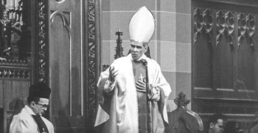 Then-Bishop Fulton J. Sheen speaks inside Sacred Heart Cathedral on the day of his installation as the sixth bishop of Rochester, Dec. 15, 1966.