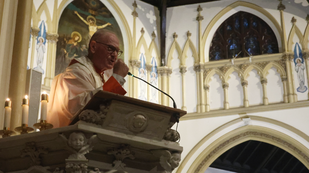 Cardinal Timothy Dolan speaks to attendees at St. Gregory the Great's monthly holy hour, September 3, 2026.