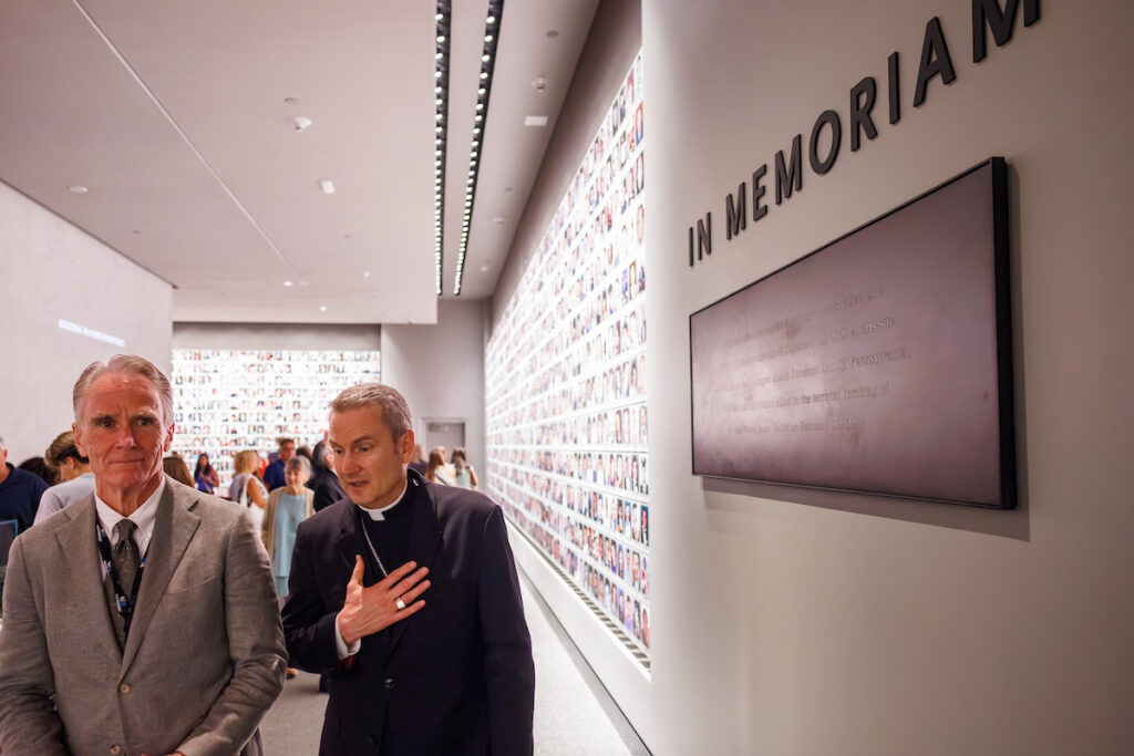 Archbishop Ronald Hicks (right) visited the National September 11 Memorial and Museum on Sunday, September 6, 2026. He was guided by Archdiocese of New York Chancellor and 9/11 Museum Trustee John Cahill (left).