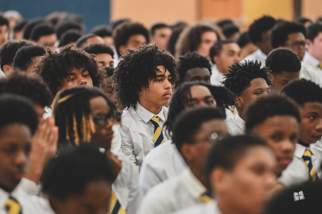 Students from Mount Saint Michael Academy in the Bronx listen to Cardinal Timothy Dolan on Sept. 29, 2026.