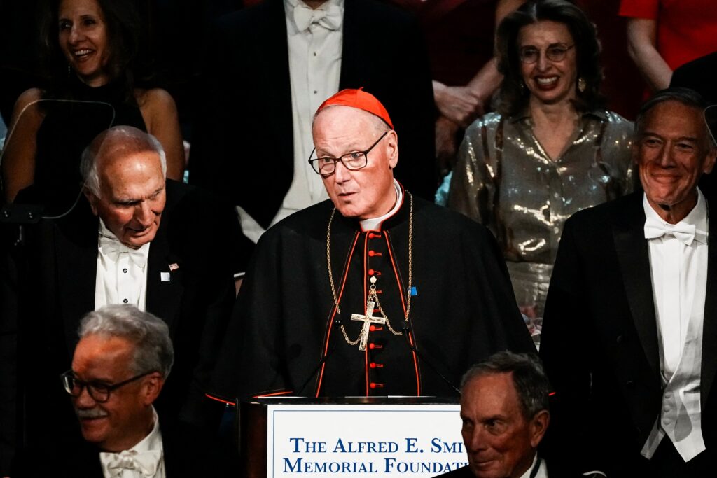 Cardinal Timothy M. Dolan speaks during the 80th annual Alfred E. Smith Memorial Foundation Dinner at the Waldorf Astoria in Manhattan on Oct. 16, 2025.
