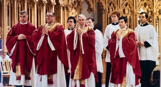Archbishop Fulton J. Sheen, center, celebrates Mass at the Cathedral Basilica of the Sacred Heart in Newark, N.J., on March 6, 1977.