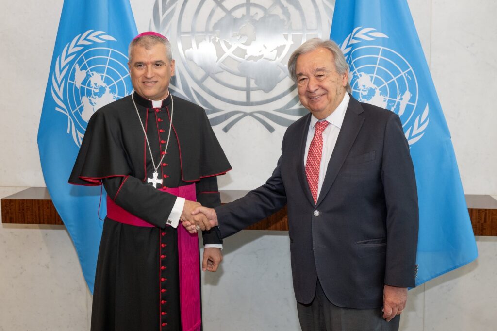 Archbishop Christophe Z. el-Kassis, the Holy See's permanent observer to the United Nations in New York, poses with U.N. Secretary-General António Guterres in an undated photo. "Equal dignity and rights for men and women" should be "a guiding principle for all multilateral commitments" and for "the foundation of a just and human-centered society," Archbishop el-Kassis said in a statement to the U.N.'s Third Committee on Oct. 6, 2026.