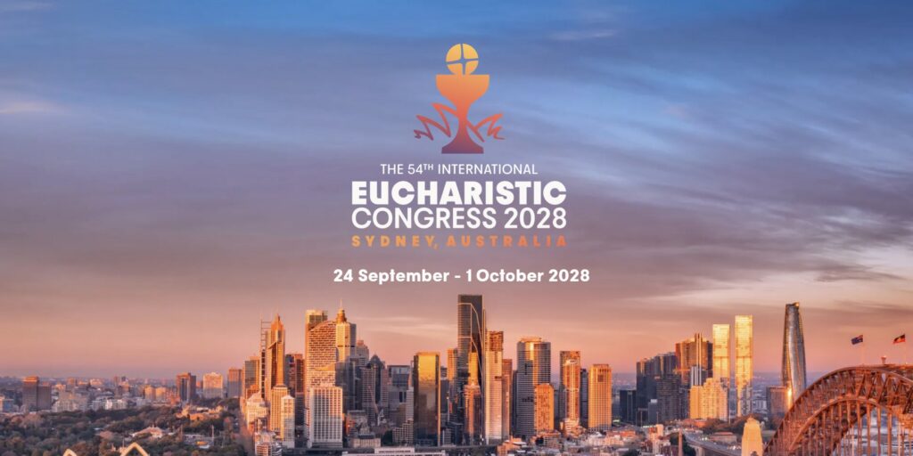 A screenshot of the International Eucharistic Congress website shows the Eucharist28 logo, the dates for the Sept. 24–Oct. 1, 2028, event and the Sydney skyline. The congress, themed “This is My Body, Given for You,” is expected to draw pilgrims from around the world and will mark 100 years since Sydney hosted the event in 1928.
