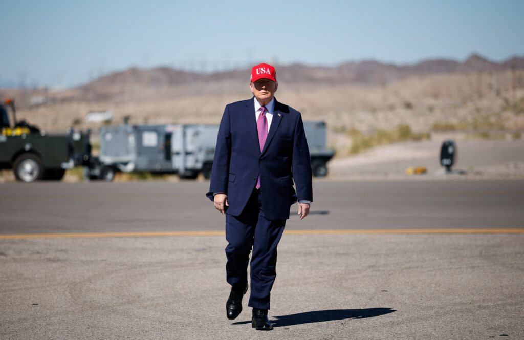 President Donald Trump walks as he attends a campaign rally at Laughlin/Bullhead International Airport in Bullhead City, Ariz., Oct. 14, 2026.