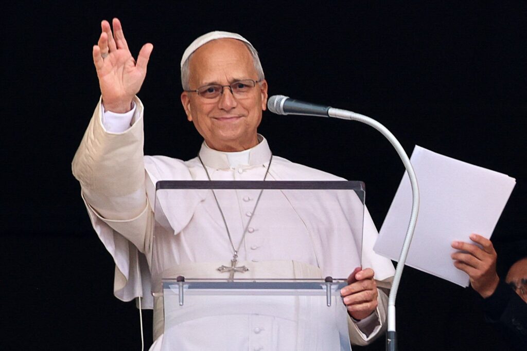 Pope Leo XIV leads the Angelus prayer from a window of the Apostolic Palace, following his discharge from hospital after surgery for lung cancer, at the Vatican, Oct. 18, 2026. (OSV News photo/Yara Nardi, Reuters)