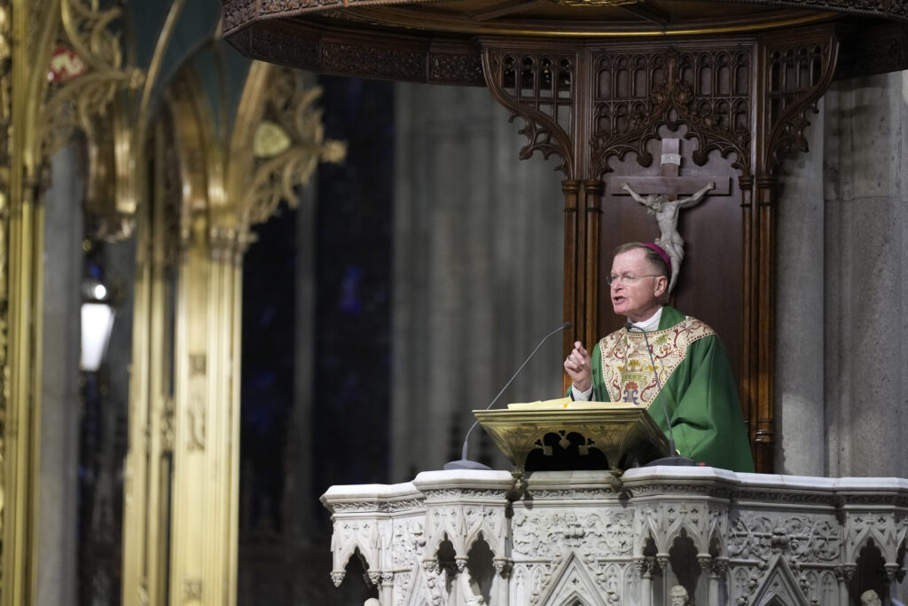 Bishop Edmund Whalen preaches the homily at St. Patrick's Cathedral on Sunday, Oct. 18, 2026, in New York.