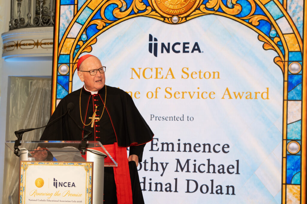 Cardinal Timothy Dolan, archbishop emeritus of New York, speaks while accepting the National Catholic Educational Association’s Seton Lifetime of Service Award at the association’s 2026 Gala on Oct. 5 in Washington, DC.
