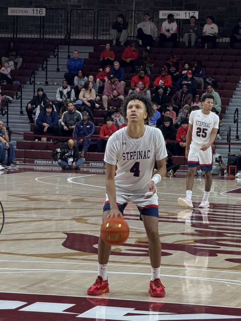 Archbishop Stepinac High School's Josh Rivera (no. 4) takes a foul shot against Cardinal Hayes High School on March 8, 2026, at Fordham University's Rose Hill Gymnasium.