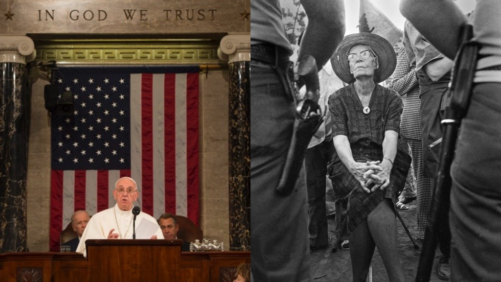 (Left) Pope Francis addresses the 114th U.S. Congress, Supreme Court, and Executive Officers on Sept. 24, 2015. Photo courtesy: Photographic Service of the Holy See; (Right) Dorothy Day confronts sheriffs on UFW picket line in August of 1973. Photo courtesy: The Bob Fitch Photography Archive.