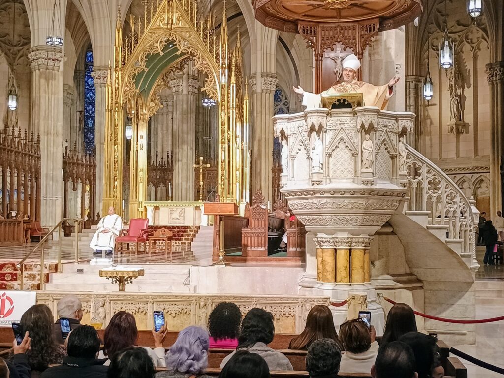 Auxiliary Bishop Joseph Espaillat during his homily at the annual Mass honoring Fr. Ignacio Larrañaga, OFM, Cap, founder of the Prayer and Life Workshops, St. Patrick’s Cathedral, Sunday, Oct. 25, 2026. Photo by Armando Machado/The Good Newsroom