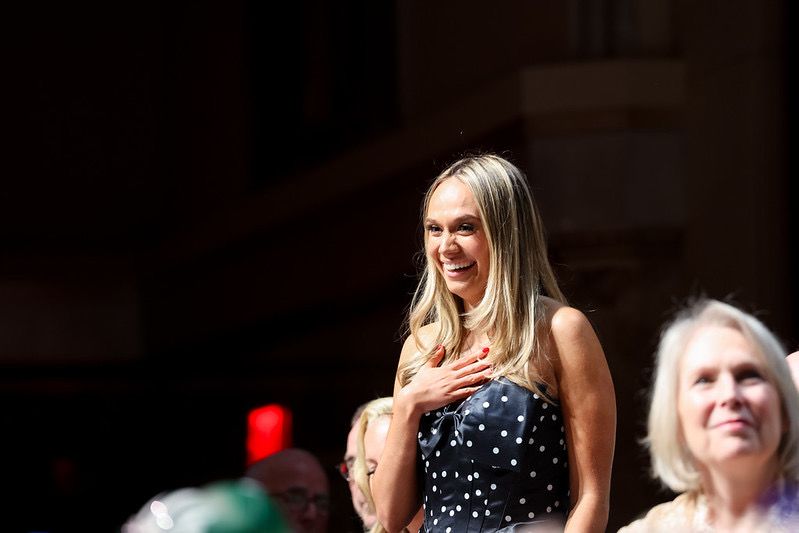 Pizza to Pews Co-Founder Kate DePetro is introduced at the 81st Alfred E. Smith Memorial Foundation Dinner in Manhattan on Oct. 15, 2026.