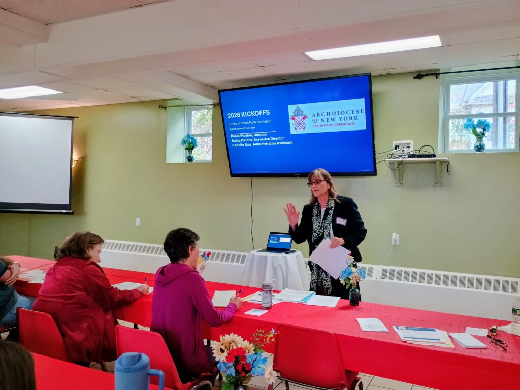 Robin Klueber, New York archdiocesan Youth Faith Formation director, during the YFF kickoff presentation at St. Anastasia Church in Harriman (Orange County), Wednesday, Oct. 14, 2026.