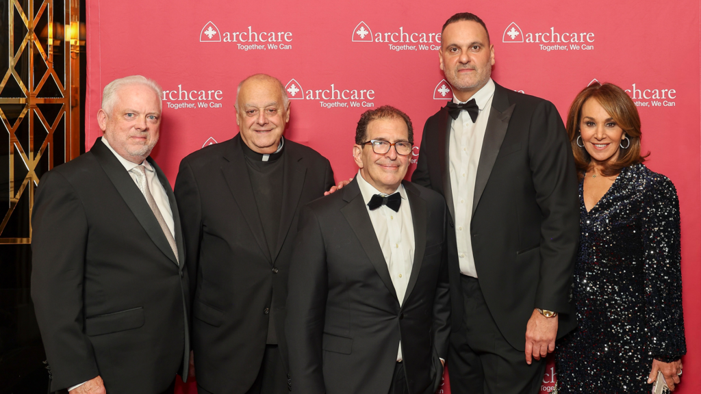 (Left to right) Scott LaRue, Msgr. Joseph P. LaMorte, James Palazza, Dr. Peyman Younesi, and Rosanna Scotto pose together ahead of the awards ceremony at the 2026 ArchCare Gala. Photo courtesy of ArchCare/Matthew Adam