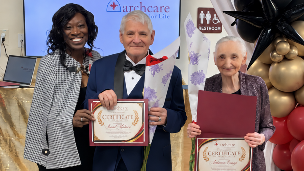 ArchCare Senior Life recognizes brother-and-sister PACE participants Israel Malave and Antonia Arroyo (center and right), who have participated in the program together since 2010, during the Journey to 1,000 celebration in the Bronx.