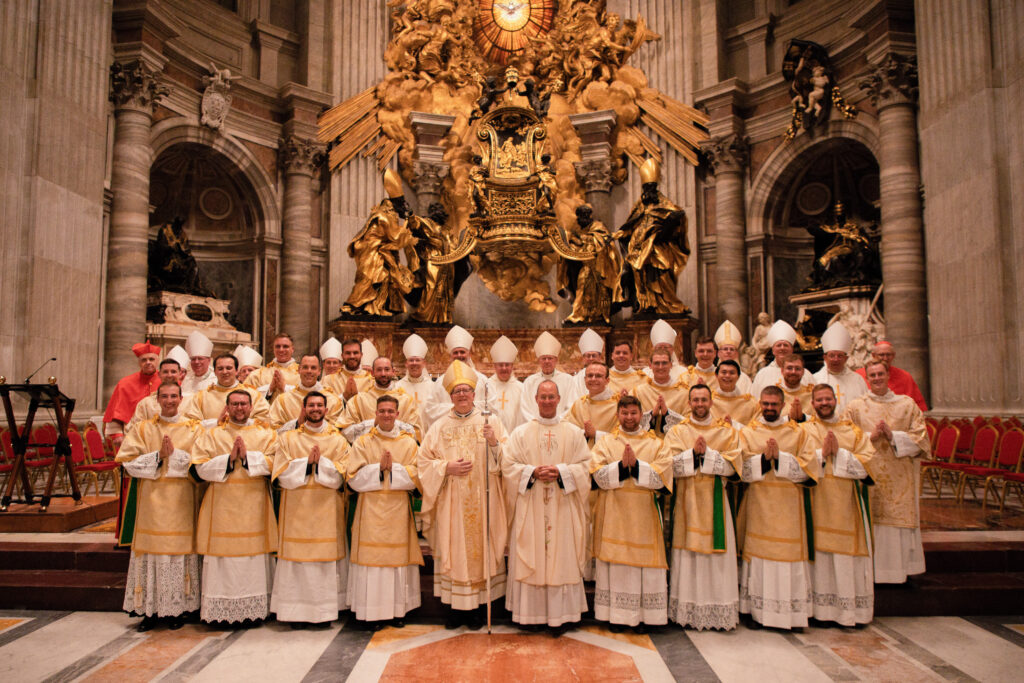 Seminarians ordained to the transitional diaconate at the Pontifical North American College in Rome on Oct. 1, 2026, appear with Bishop Robert Barron of the Diocese of Winona-Rochester, Minn.