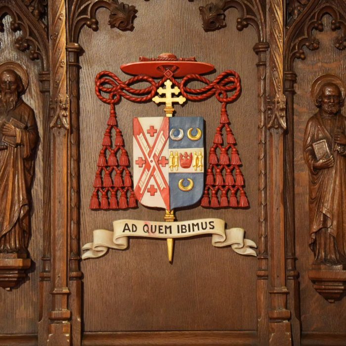 Cardinal Timothy Dolan's coat of arms with the motto “Ad quem ibimus,” taken from Saint John’s Gospel (6:68), meaning “Lord, to whom shall we go?” Photo by Mary Shovlain/The Good Newsroom.