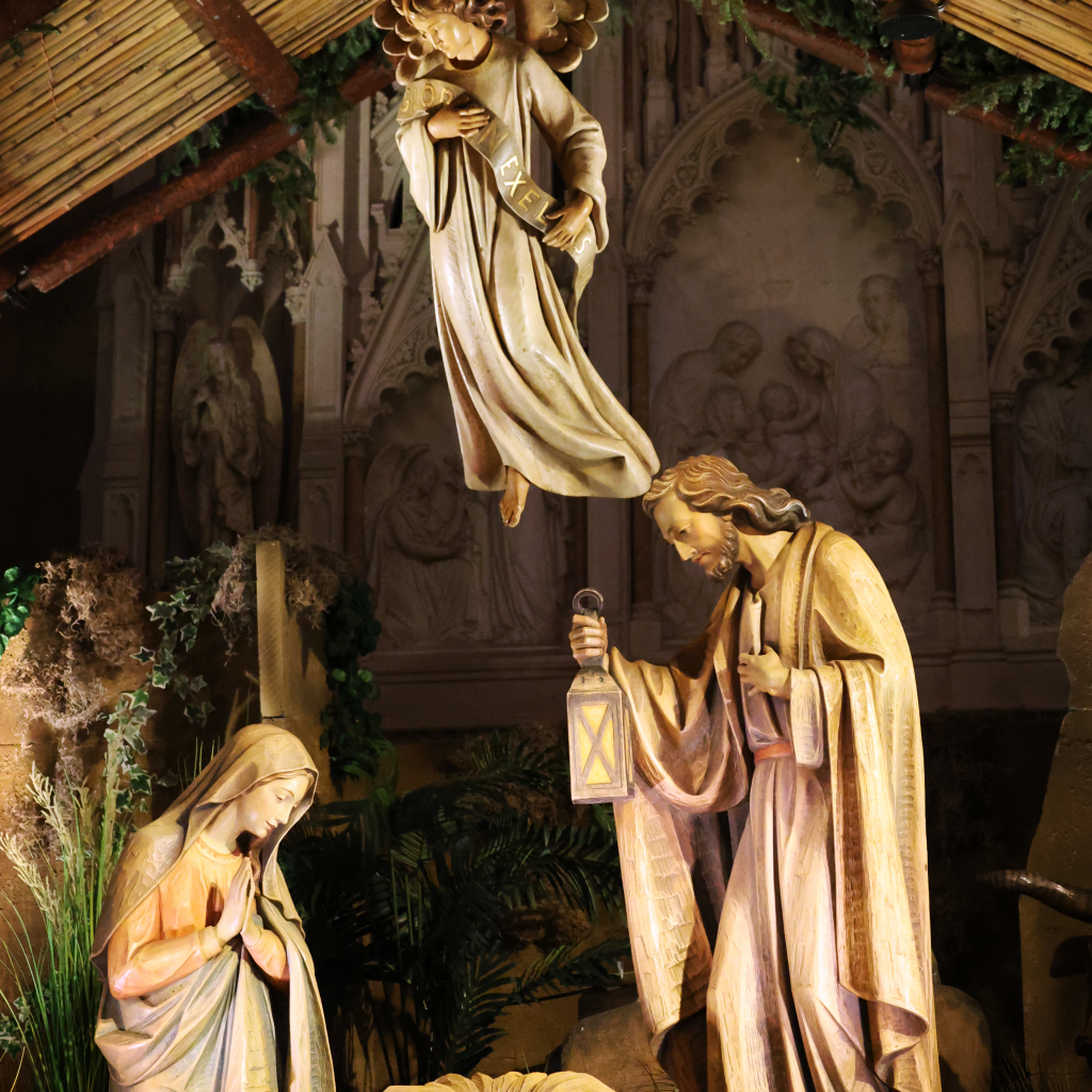 A closeup of the Nativitiy's family display before the baby Jesus is brought in for Christmas day.