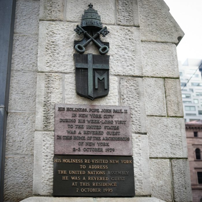 A plaque outside the Archbishop’s Residence in Manhattan marks the visits of Pope St. John Paul II, who stayed here during his historic trips to the city in 1979 and 1995, including his addresses to the United Nations.