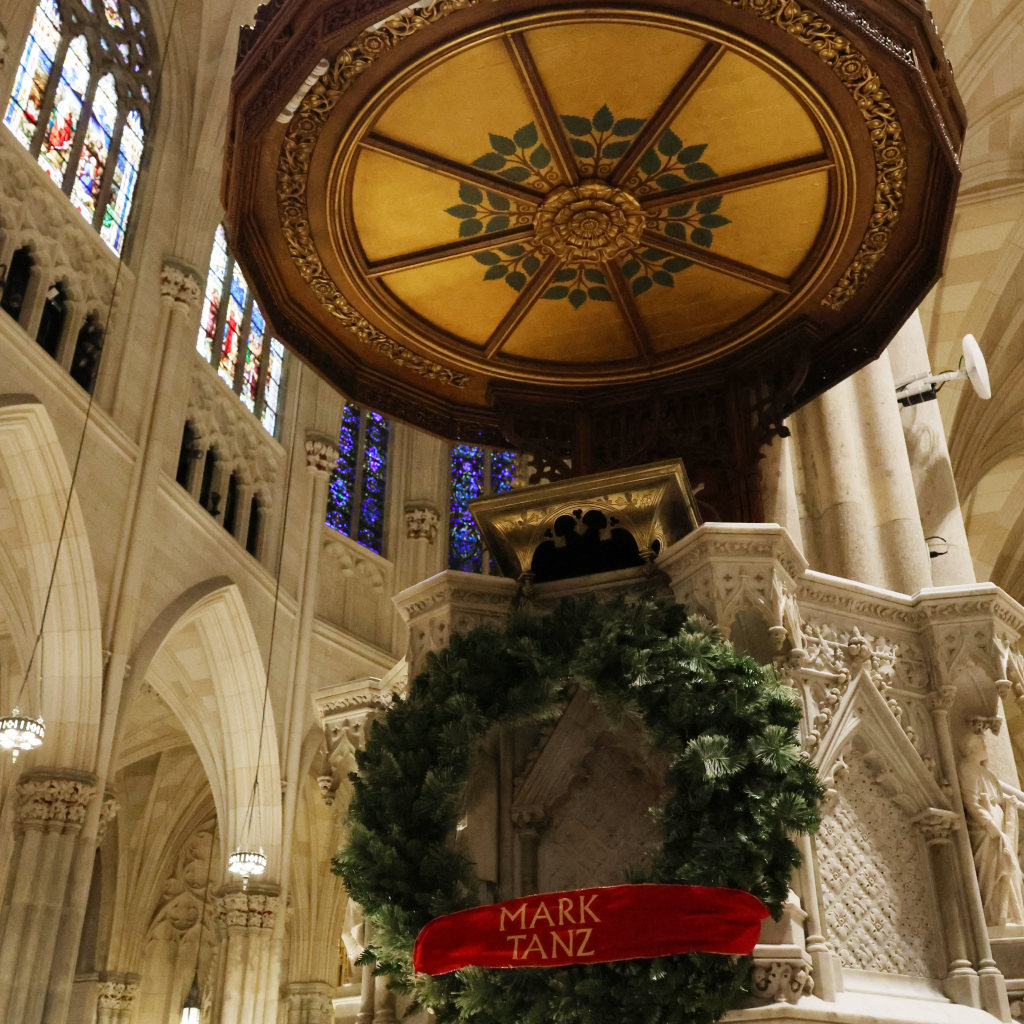 The pulipit at the front of the church, dedicated to Mark Tanz.