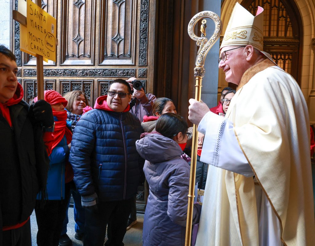 Archdiocese of New York Cardinal Timothy Dolan greets the procession entering Saint Patrick’s Cathedral for the Feast of Our Lady of Guadalupe on December 12, 2025. Photo by Joe Vericker/Photobureau