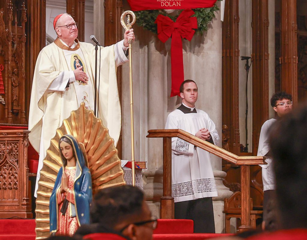 Cardinal Timothy Dolan presides over Mass for Our Lady of Guadalupe at Saint Patrick’s Cathedral on December 12, 2025.