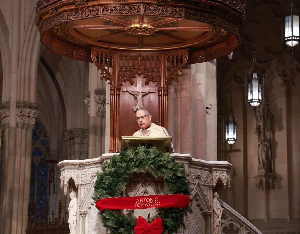 Reverend Luis F. Saldaña, pastor of Immaculate Conception Church in the Bronx, delivers the homily at the Mass for Our Lady of Guadalupe at Saint Patrick’s Cathedral on December 12, 2025. Photo by Joe Vericker/Photobureau